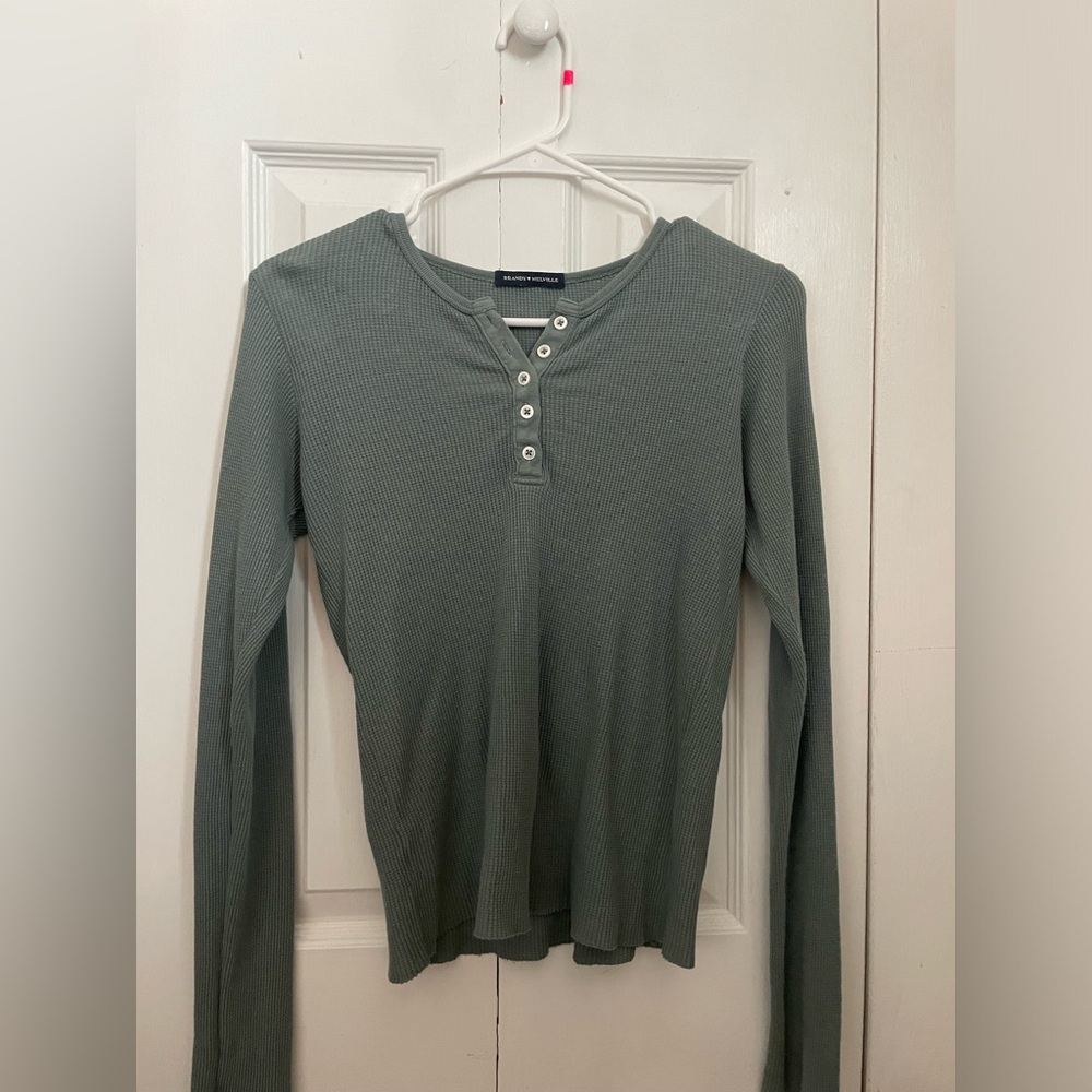 Brandy Melville green waffle quarter button up long sleeve